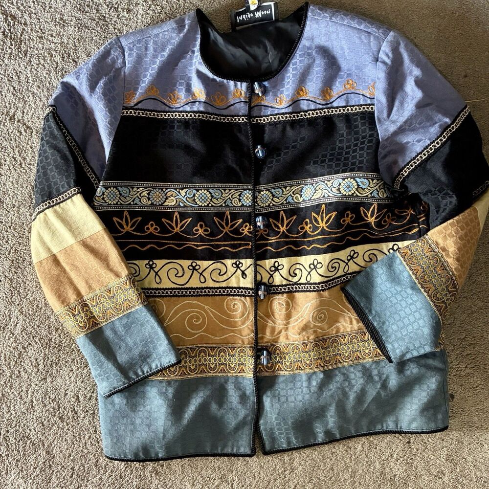 Vintage Indigo Moon Embroidered Boho Art to Wear Jacket M India Jacquard Floral